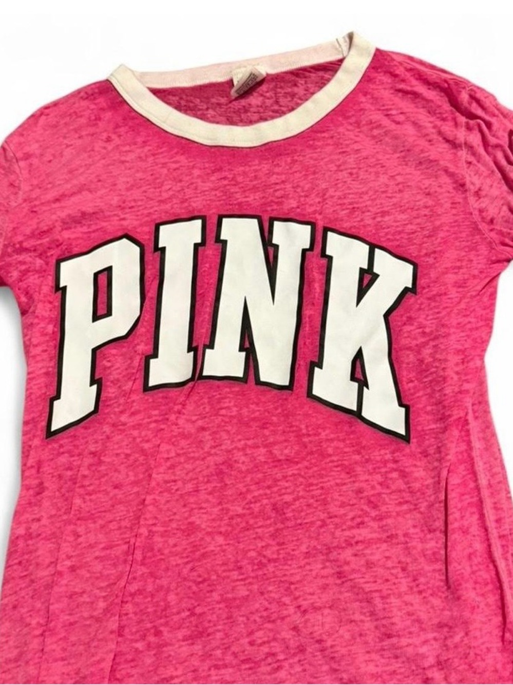 PINK Victoria's Secret Hot Pink Heather Ringer Tee with White Logo